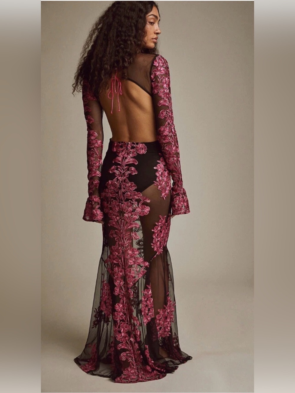 NEW For Love & Lemons Temecula Cut-Out Embroidered Lace Maxi Dress Sheer pink L - Picture 3 of 11